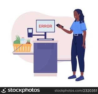 Self check out error 2D vector isolated illustration. Lack of money. Market buyer flat character on cartoon background. Grocery payment error colourful scene for mobile, website, presentation. Self check out error 2D vector isolated illustration