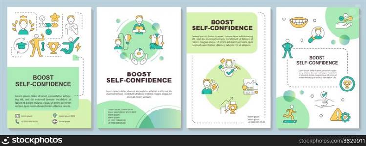 Self confidence boosting green brochure template. Leaflet design with linear icons. Editable 4 vector layouts for presentation, annual reports. Arial Bold, Myriad Pro-Regular fonts used. Self confidence boosting green brochure template