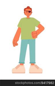 Self-confident caucasian man with blindfold semi flat color vector character. Editable full body young man with disability on white. Simple cartoon spot illustration for web graphic design. Self-confident caucasian man with blindfold semi flat color vector character