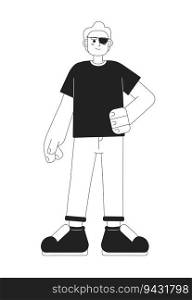 Self-confident caucasian man with blindfoldmonochromatic flat vector character. Editable thin line full body young man with disability on white. Simple bw cartoon spot image for web graphic design. Self-confident caucasian man with blindfold monochromatic flat vector character