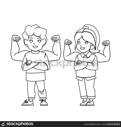 self confident kid vector. happy strong boy girl, success victory kid, power hero self confident kid character. people black line pencil drawing vector illustration. self confident kid vector