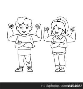 self confident kid vector. happy strong boy girl, success victory kid, power hero self confident kid character. people black line pencil drawing vector illustration. self confident kid vector