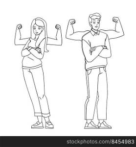 Self Confident Man And Woman Feeling Power Vector. Self Confident Businessman And Businesswoman Feel Strong Muscle. Characters Motivation And Strength black line illustration. Self Confident Man And Woman Feeling Power Vector