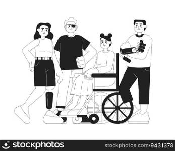 Self confident with disabilities monochromatic flat vector characters. Editable thin line full body people have chronic health condition on white. Simple bw cartoon spot image for web graphic design. Self confident with disability monochromatic flat vector characters