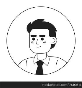 Self confident young caucasian man monochrome flat linear character head. Office worker. Editable outline hand drawn human face icon. 2D cartoon spot vector avatar illustration for animation. Self confident young caucasian man monochrome flat linear character head