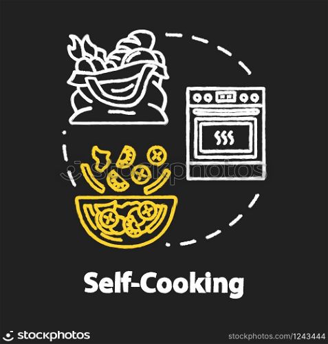 Self cooking chalk RGB color concept icon. Low cost eating, self catering idea. Preparing delicious dinner with cheap products. Vector isolated chalkboard illustration on black background