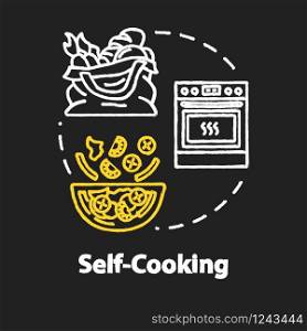 Self cooking chalk RGB color concept icon. Low cost eating, self catering idea. Preparing delicious dinner with cheap products. Vector isolated chalkboard illustration on black background