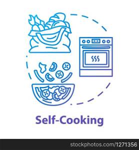 Self cooking concept icon. Low cost eating, self catering, budget tourism idea thin line illustration. Preparing dinner with cheap products. Vector isolated outline RGB color drawing