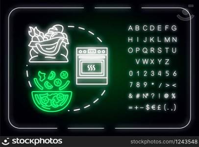 Self cooking neon light concept icon. Low cost eating, self catering, budget tourism idea. Outer glowing sign with alphabet, numbers and symbols. Vector isolated RGB color illustration