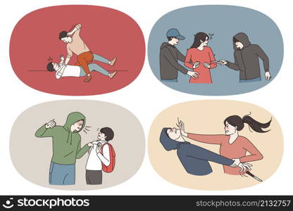 Self defence and criminals concept. Set of people criminals thieves robbers attacking people and victims trying to self defend during attack vector illustration. Self defence and criminals concept.