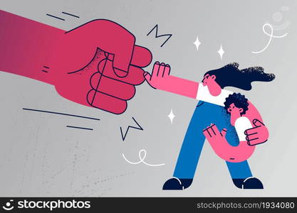 Self defence and independence concept. Confident determined strong woman mother standing defending her and her child from huge human hand blow vector illustration . Self defence and independence concept.