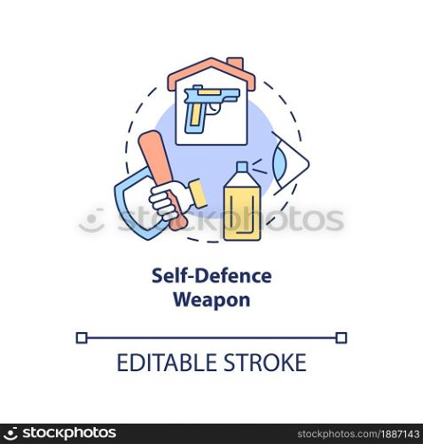 Self defence weapon concept icon. Personal protection abstract idea thin line illustration. Pepper spray and taser. Non lethal weapon. Vector isolated outline color drawing. Editable stroke. Self defence weapon concept icon