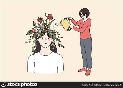 Self development and creativity concept. Young smiling woman standing watering blooming red flowers in head of female vector illustration . Self development and creativity concept