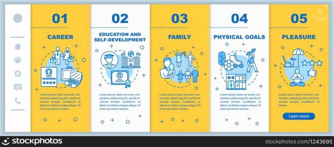 Self-development onboarding vector template. Physical goals. Academic education. Family planning. Responsive mobile website with icons. Webpage walkthrough step screens. RGB color concept