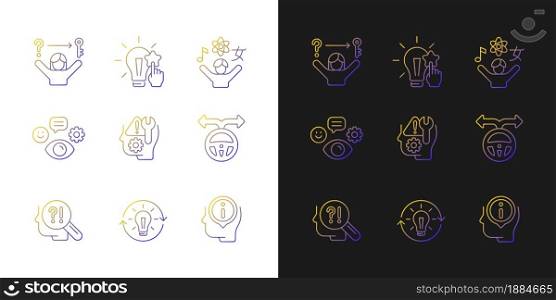 Self development skills gradient icons set for dark and light mode. Self monitoring, correction. Thin line contour symbols bundle. Isolated vector outline illustrations collection on black and white. Self development skills gradient icons set for dark and light mode