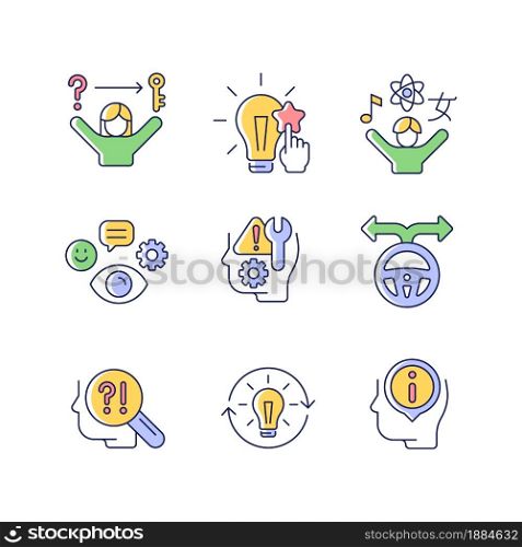 Self development skills RGB color icons set. Self monitoring and correction. Critical thinking skills and abilities. Isolated vector illustrations. Simple filled line drawings collection. Self development skills RGB color icons set