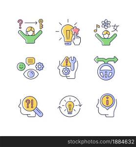 Self development skills RGB color icons set. Self monitoring and correction. Critical thinking skills and abilities. Isolated vector illustrations. Simple filled line drawings collection. Self development skills RGB color icons set