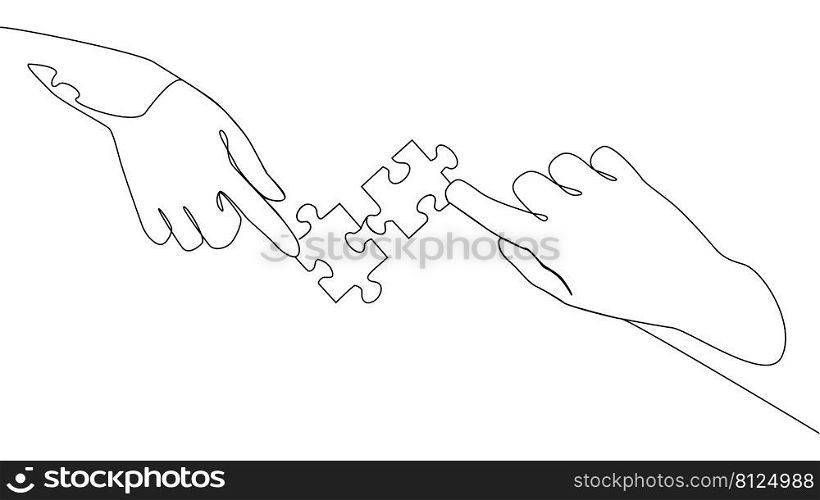 Self drawing line animation of two hands with puzzle pieces connecting together