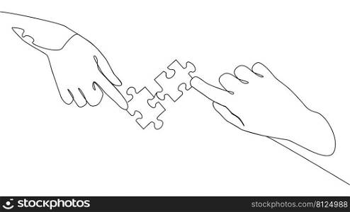 Self drawing line animation of two hands with puzzle pieces connecting together