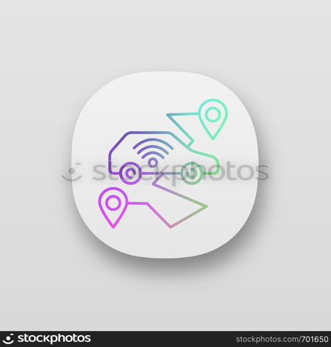 Self driving car app icon. Smart navigation. Setting pickup and drop off locations. Driverless auto route. Autonomous automobile. UI/UX user interface. Web application. Vector isolated illustration. Self driving car app icon