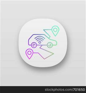 Self driving car app icon. Smart navigation. Setting pickup and drop off locations. Driverless auto route. Autonomous automobile. UI/UX user interface. Web application. Vector isolated illustration. Self driving car app icon