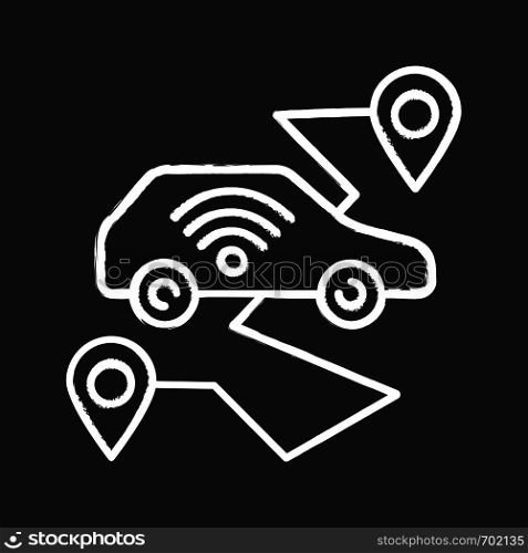 Self driving car chalk icon. Smart navigation. Setting pickup and drop off locations. Driverless auto route. Autonomous automobile. Isolated vector chalkboard illustration. Self driving car chalk icon