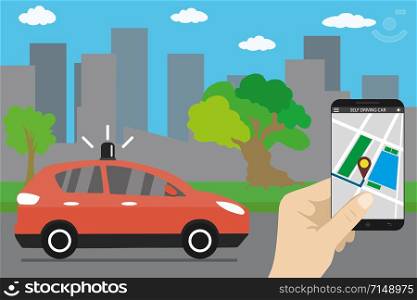 Self driving car,city landmark,cartoon future transport concept,smartphone in hand,flat vector illustration. Self driving car,city landmark