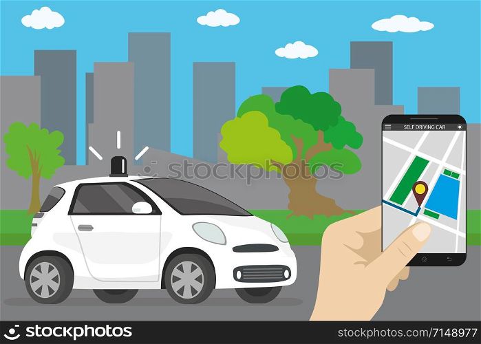 Self driving car,city landmark,cartoon future transport concept,smartphone in hand,flat vector illustration. Self driving car,cartoon future transport concept