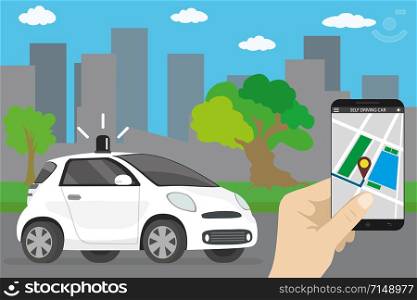 Self driving car,city landmark,cartoon future transport concept,smartphone in hand,flat vector illustration. Self driving car,cartoon future transport concept