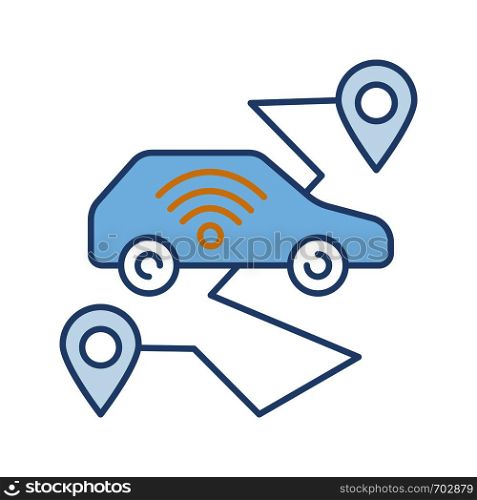 Self driving car color icon. Smart navigation. Setting pickup and drop off locations. Driverless auto route. Autonomous automobile. Isolated vector illustration. Self driving car color icon