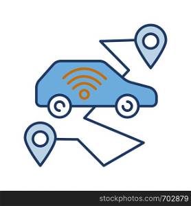 Self driving car color icon. Smart navigation. Setting pickup and drop off locations. Driverless auto route. Autonomous automobile. Isolated vector illustration. Self driving car color icon