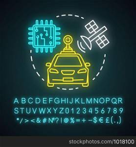 Self-driving car neon light concept icon. Driverless automobile. Auto, microchip, satellite. Autonomous vehicle idea. Glowing sign with alphabet, numbers and symbols. Vector isolated illustration