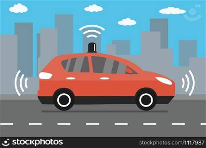 Self Driving car on road,modern red auto on city background,flat vector illuatration. Self Driving car on road,modern red auto on city background