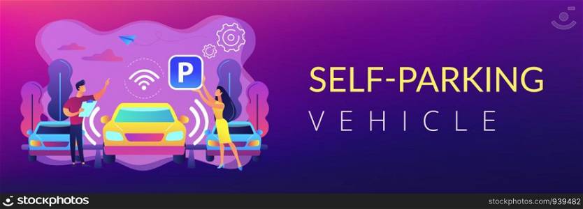 Self-driving car with sensors automatically parked in parking lot. Self-parking car system, self-parking vehicle, smart parking technology concept. Header or footer banner template with copy space.. Self-parking car system concept banner header.