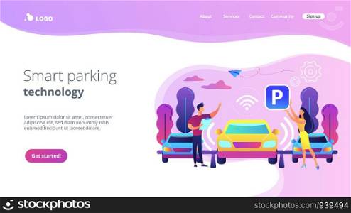 Self-driving car with sensors automatically parked in parking lot. Self-parking car system, self-parking vehicle, smart parking technology concept. Website vibrant violet landing web page template.. Self-parking car system concept landing page.