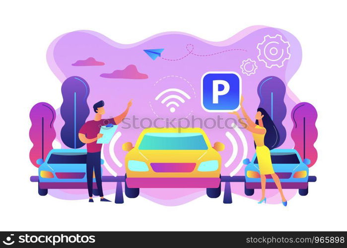 Self-driving car with sensors automatically parked in parking lot. Self-parking car system, self-parking vehicle, smart parking technology concept. Bright vibrant violet vector isolated illustration. Self-parking car system concept vector illustration.