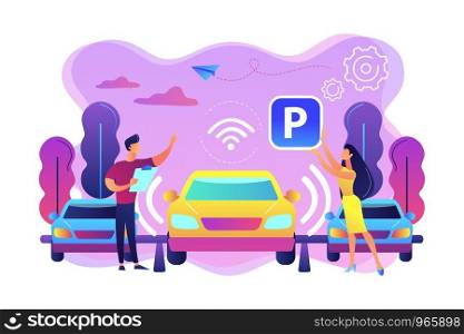 Self-driving car with sensors automatically parked in parking lot. Self-parking car system, self-parking vehicle, smart parking technology concept. Bright vibrant violet vector isolated illustration. Self-parking car system concept vector illustration.