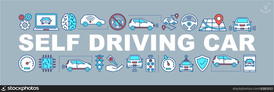 Self driving car word concepts banner. Driverless auto. Isolated lettering typography idea with linear icons. Autonomous automobile. Vector outline illustration. Self driving car word concepts banner