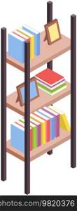 Self-education and studying concept. Books on shelves, stand in bookcase. Reading literature using textbook. Printed book, edition, publication with typographic text. Bookshelf vector illustration. Self-education and studying concept. Books on shelves, stand in bookcase. Reading literature concept