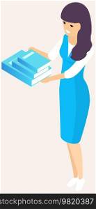Self-education and studying concept. Reading literature using textbook. Printed book, edition, publication. Girl in business suit holding stack of books. Lady with library editions vector illustration. Female librarian in business suit holding stack of books. Self-education, reading literature concept