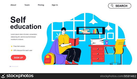 Self education concept for landing page template. Man reads book, studying at home. Student improves knowledges and skills people scene. Vector illustration with flat character design for web banner