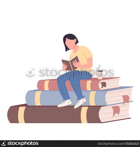 Self education flat concept vector illustration. Young girl, college pupil studying hard 2D cartoon character for web design. Literature hobby, academic exams preparation creative idea