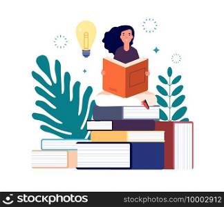 Self education. Girl reading book, study and gain new knowledge. Woman learns from textbooks. Business studying, have new idea vector concept. Education student read book new knowledge illustration. Self education. Girl reading book, study and gain new knowledge. Woman learns from textbooks. Business studying, have new idea vector concept