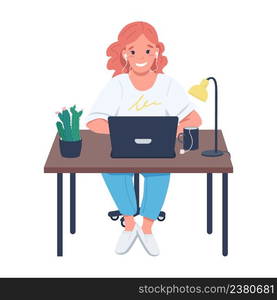 Self-employed woman semi flat color vector character. Sitting figure. Full body person on white. Successful woman in workplace simple cartoon style illustration for web graphic design and animation. Self-employed woman semi flat color vector character