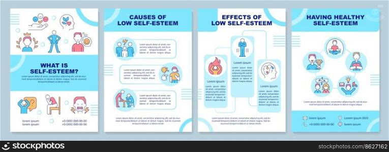 Self esteem blue brochure template. Mental health. Leaflet design with linear icons. Editable 4 vector layouts for presentation, annual reports. Arial-Black, Myriad Pro-Regular fonts used. Self esteem blue brochure template