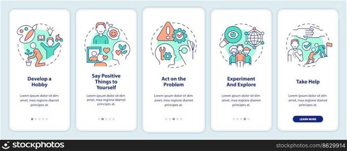 Self esteem improvement onboarding mobile app screen. Psychology walkthrough 5 steps editable graphic instructions with linear concepts. UI, UX, GUI template. Myriad Pro-Bold, Regular fonts used. Self esteem improvement onboarding mobile app screen