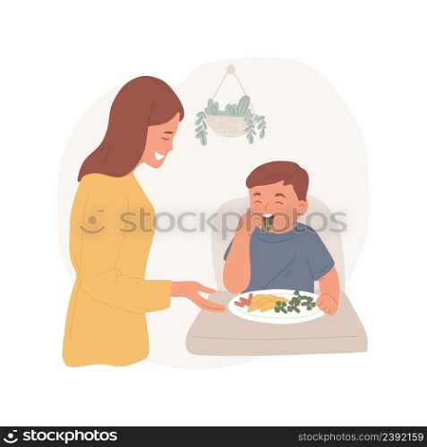 Self-feeding skills isolated cartoon vector illustration Infant learns to feed himself, baby eating with hands, having snack, self-care skill, kindergarten, daycare center vector cartoon.. Self-feeding skills isolated cartoon vector illustration