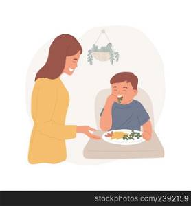 Self-feeding skills isolated cartoon vector illustration Infant learns to feed himself, baby eating with hands, having snack, self-care skill, kindergarten, daycare center vector cartoon.. Self-feeding skills isolated cartoon vector illustration