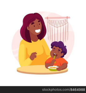 Self-feeding skills isolated cartoon vector illustration. Infant learns to feed himself, baby eating with hands, having snack, self-care skill, kindergarten, daycare center vector cartoon.. Self-feeding skills isolated cartoon vector illustration.