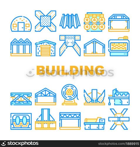 Self-framing Metallic Building Icons Set Vector. House Metal Material Frame Building And Bridge Construction, Industry Factory Production Machine And Equipment Line. Color Illustrations. Self-framing Metallic Building Icons Set Vector